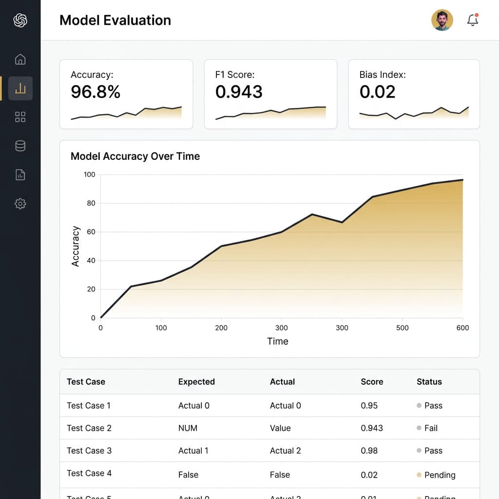 Model Evaluation Dashboard with accuracy metrics, F1 scores, and evaluation results table