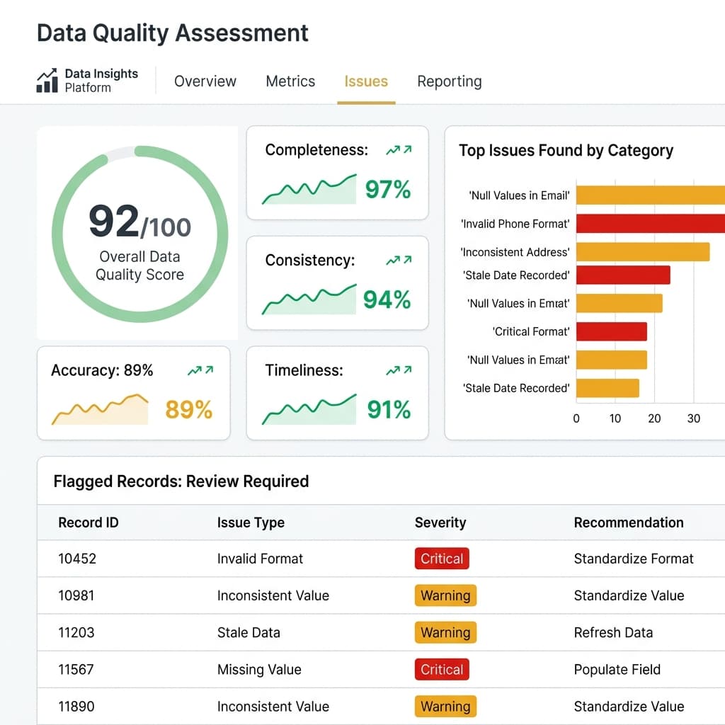Data Quality Assessment Dashboard showing quality scores, issue breakdown, and flagged records