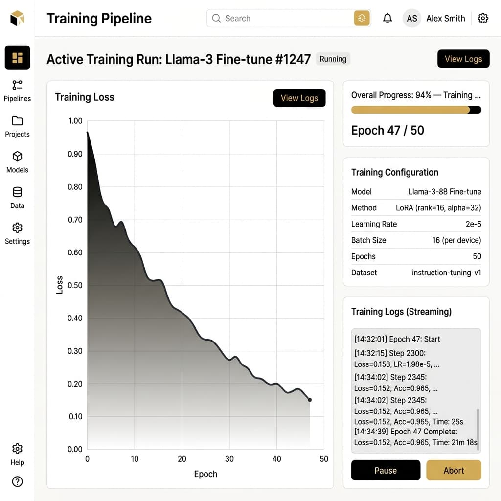AI Model Training Pipeline Dashboard showing training loss, epoch progress, and model configuration