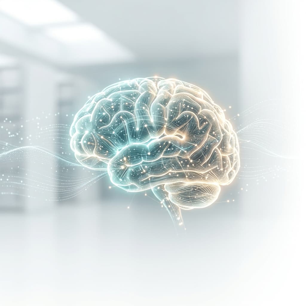 Abstract AI neural network visualization with interconnected nodes and data flows